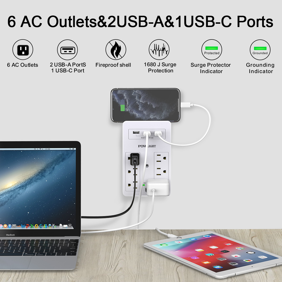 Powlight Wall Mount Surge Protector, 6 AC Outlets, 3 USB photo 3