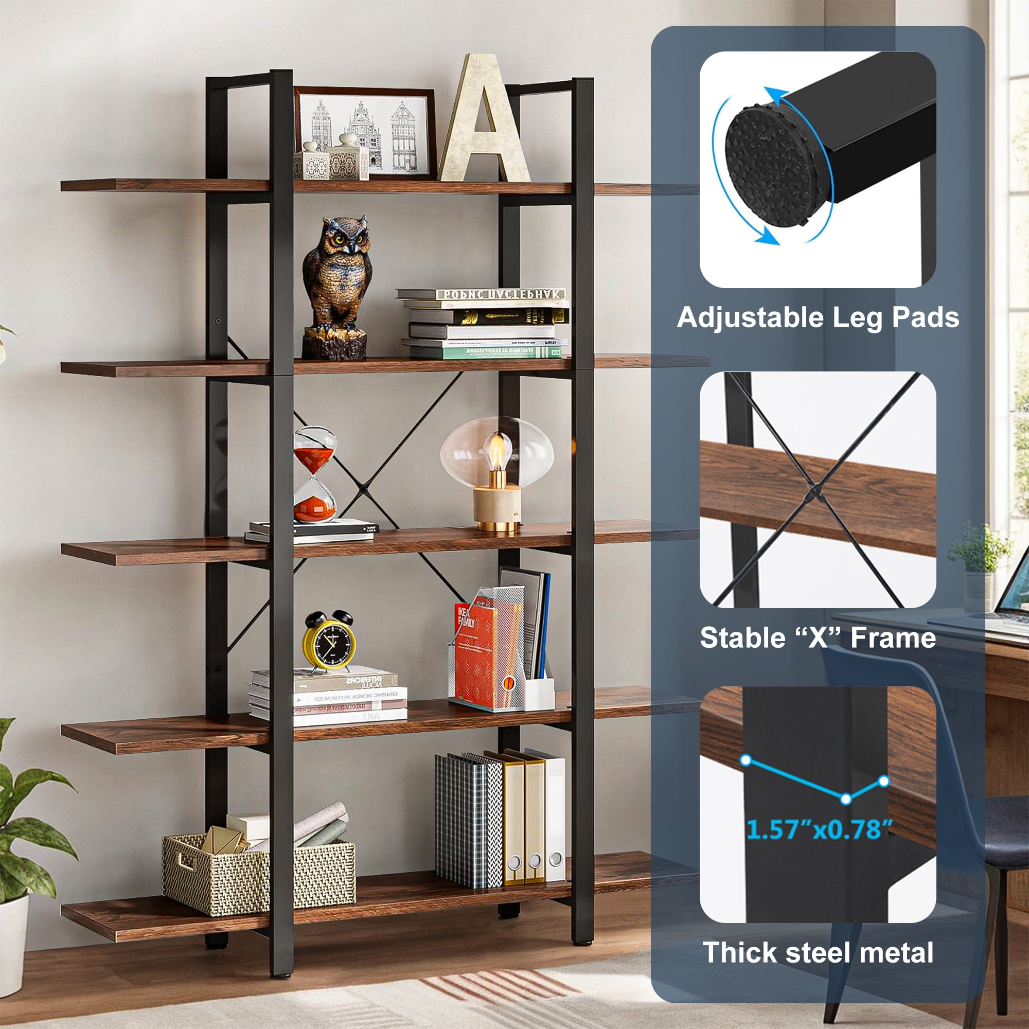 Demi Bonn 5 Tier Bookshelf, Bookshelves, Open Etagere Bookcase Shelf Storage Organizer, Free Standing Storage Shelving Unit for Bedroom, Living Room and Home Office, Brown