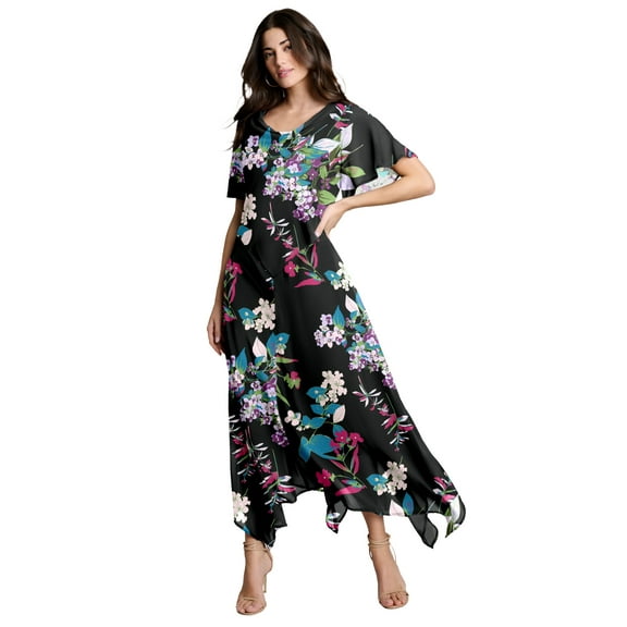 Roaman's Women's Plus Size Floral Sequin Flutter-Sleeve Gown – Handkerchief-Hem Maxi Dress