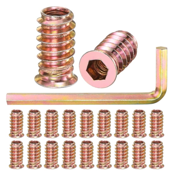 20-Pack Threaded Inserts for Wood, M6x20mm Hex Drive Threaded Insert Nuts with a Wrench for Wood Furniture [Gold Tone]