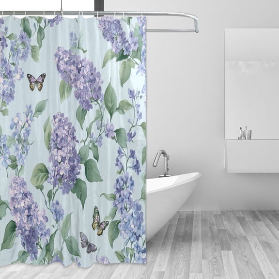 Elegant Lilac Flowers with Butterflies Shower Curtains with 12 Hooks Waterproof Bathroom Decor 66" x 72"