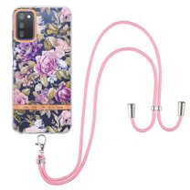 Compatible with Galaxy A03s Clear TPU Flower Pattern Case, S23 Ultra Case with Strap Crossbody Adjustable Neck Lanyard Case Phone Cover Designed for Samsung A03s 6.5 inch, Purple Peony