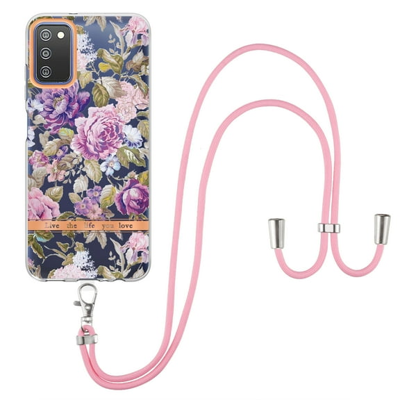 Compatible with Galaxy A03s Clear TPU Flower Pattern Case, S23 Ultra Case with Strap Crossbody Adjustable Neck Lanyard Case Phone Cover Designed for Samsung A03s 6.5 inch, Purple Peony