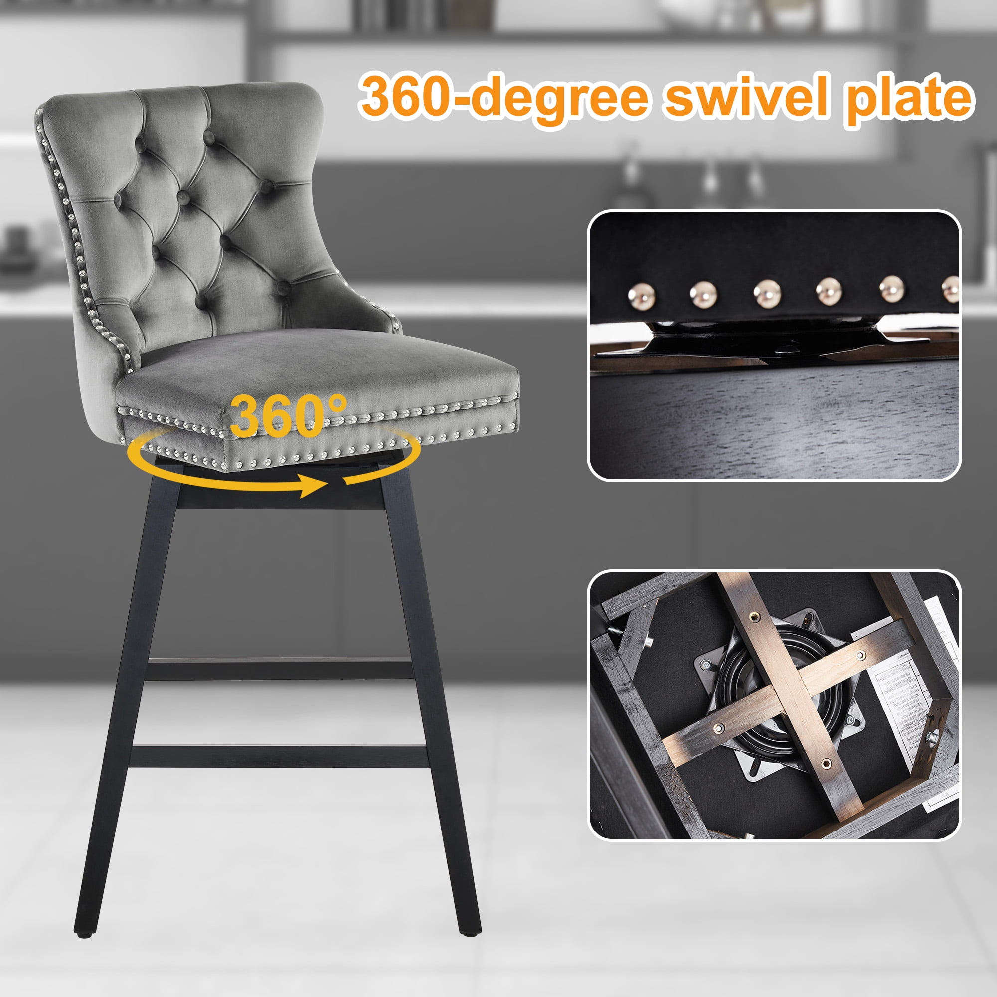 TEWLOSS 30" Swivel Bar Stools Set of 3, Gray Velvet Bar Height Chairs with Back for Home Pub