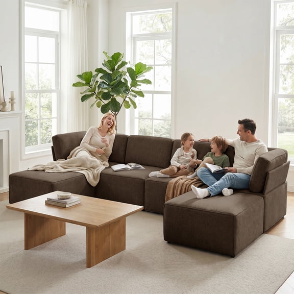 Mjkone 116" U Shaped Modular Sectional Sofa, 6-Seats Convertible Sofa Bed Furniture, Sectional Couches for Living Room, Linen ,Brown
