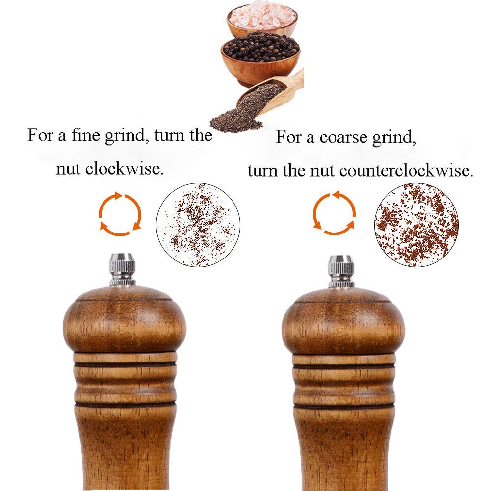 Wooden salt and pepper grinder, suitable for barbecue and kitchen utensils, adjustable ceramic grinder -6.5 inches, 2-piece set