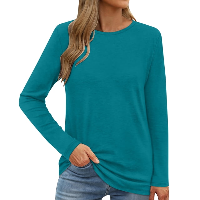 YUGYXL Womens Long Sleeve Shirts Casual Crew Neck Tops Basic Tees Spring Fall Clothes Classic Basic Fit Pullover Navy XXL