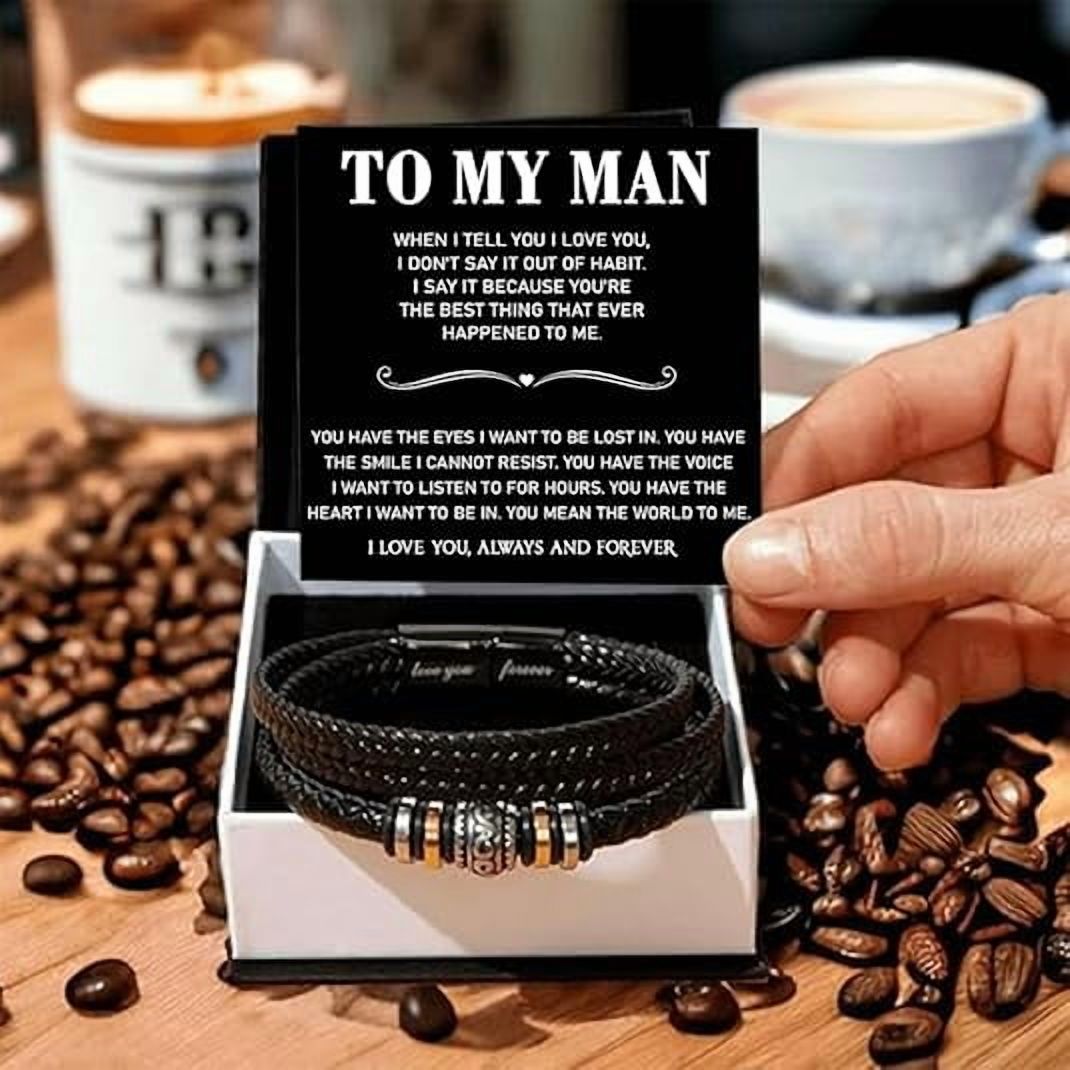 To My Men Bracelet, Birthday Gift for Boyfriend from Girlfriend with Message Card and Gift Box, Anniversary Gift for Husband from Wife, Bracelets for Man, Leather Bracelet for Men