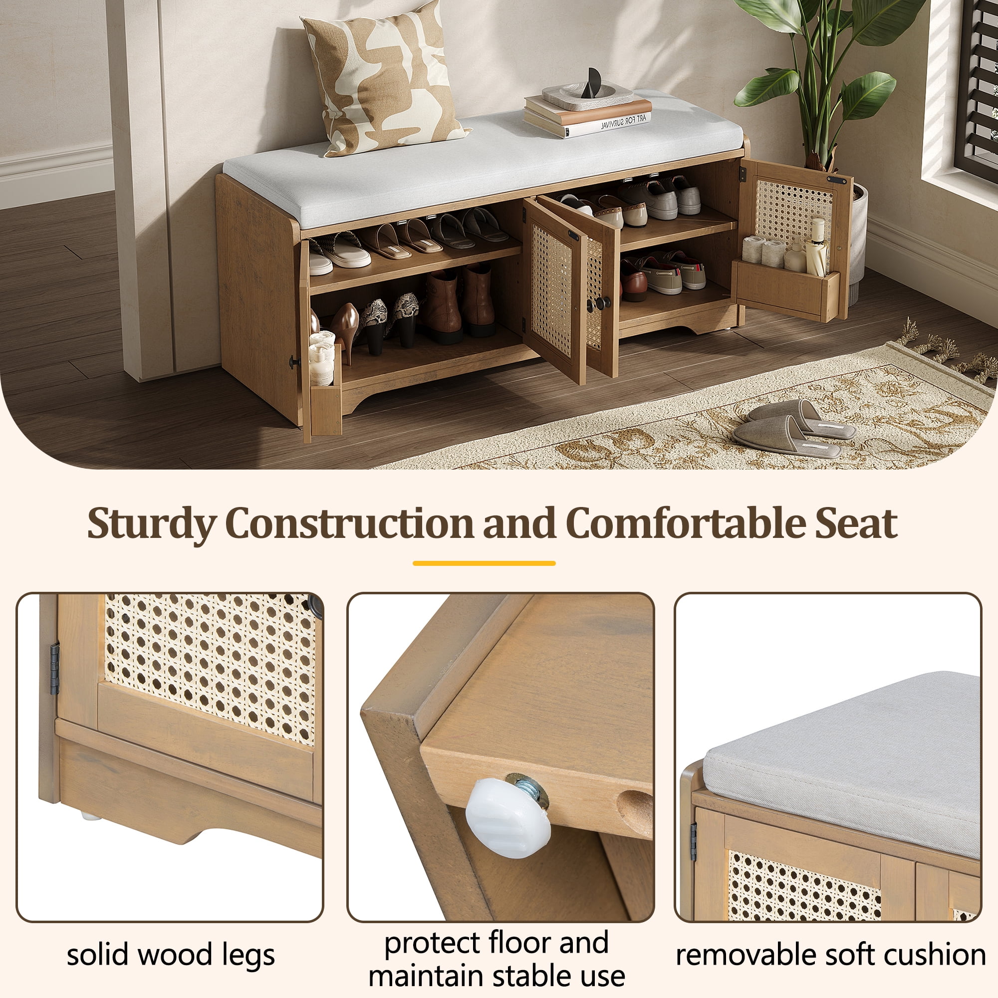 Euroco Rustic Storage Bench Multifunctional Wood Entryway Shoe Bench with Removable Cushion, Woven Rattan Doors & Adjustable Shelves for Hallway, Living Room (Brown+Beige )