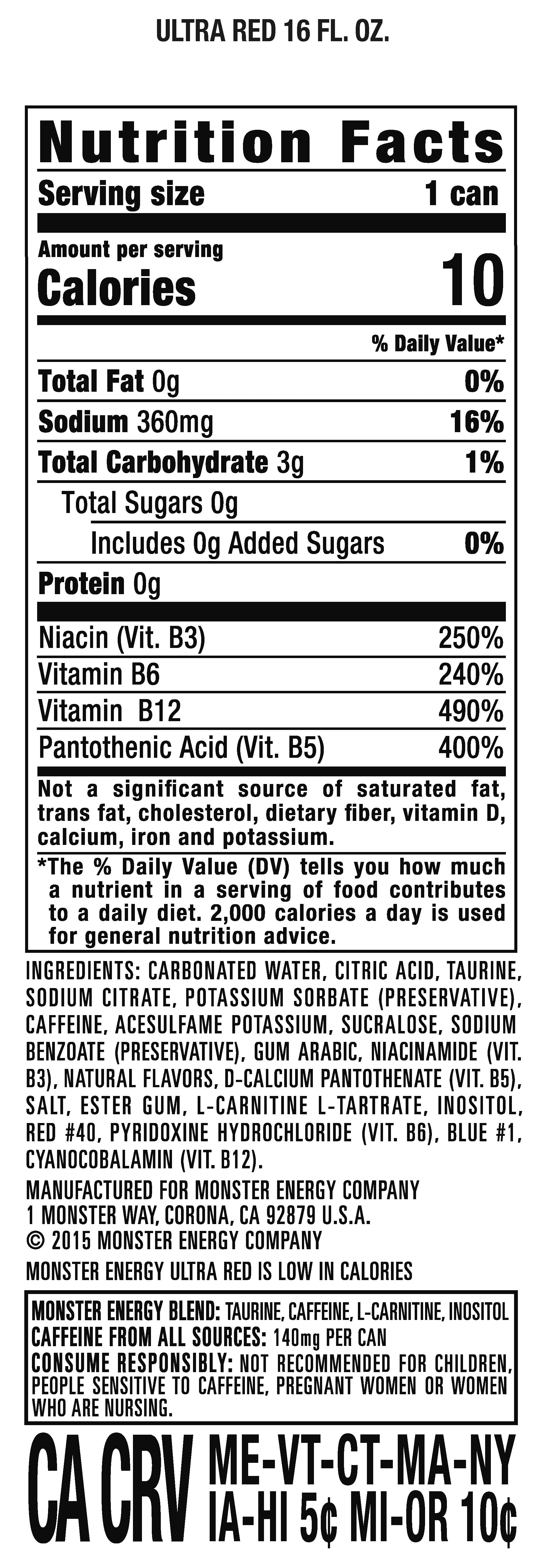 (24 Cans) Monster Ultra Red, Sugar Free Energy Drink, 16 fl oz