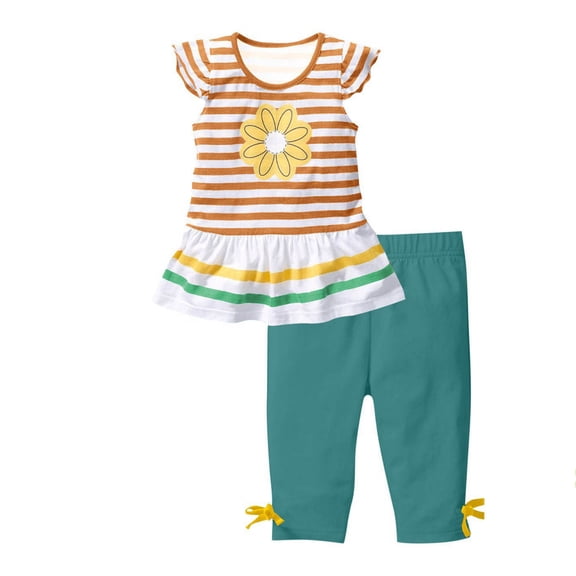 MEZZALL Girls Summer Outfits 2 Piece Set Floral Print Short Sleeve Tops With Ruffle Sleeves And Elastic Waist Pants Toddler Kids Clothes Stylish Clothing