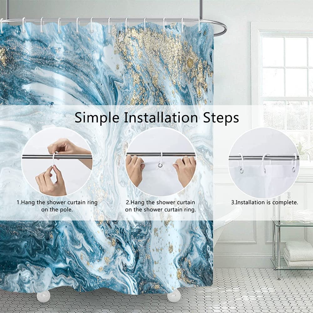 Extra Long Marble Bathroom Shower Curtain 84 Inches Length Blue White Gold Waterproof Fabric Shower Curtains with Hooks Watercolor Abstract Shower Curtains Cloth for Home Bath Decor 72x84 inches