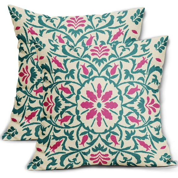 Ryan; Teal Hot Pink Boho Pillow Covers 18x18Inch Bohemian Ethnic Carpet Style Vintage Flower Print Decorative Throw Pillows Outdoor Square Cushion Case Farmhouse Decor for Sofa Bed Set of 2