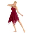 thumbnail image 3 of Fldy Womans Spaghetti Straps Lyrical Dance Dress Ballet Dance Leotard Asymmetric Maix Mini Skirt Wine_Red XL, 3 of 7