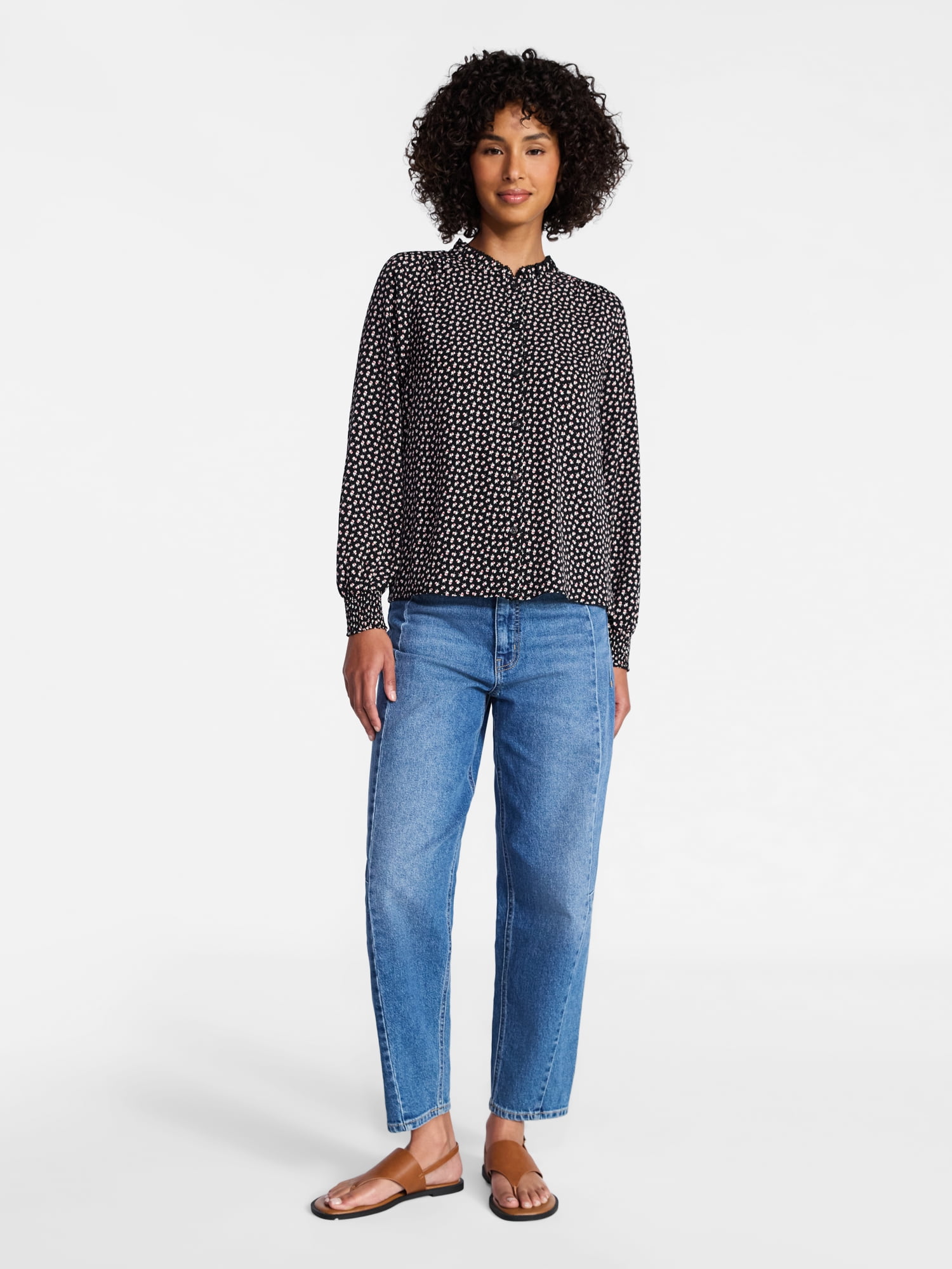 Time and Tru Women's Ruffle Button Down Blouse with Long Sleeves, Sizes XS-XXXL