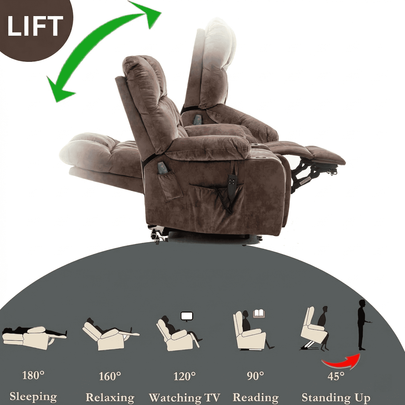 Power Lift Recliner Chair for Elderly with Massage and Heat, Dual Motor Infinite Position Recliner up to 180°, Overstuffed Wide Recliner with Cup Holders, Heavy Duty 400 lbs, Brown Velvet