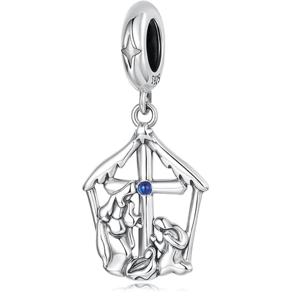 Nativity of Jesus Pendant Charm, 925 Sterling Silver Accessory, Compatible with 3mm-4.5mm Bracelet