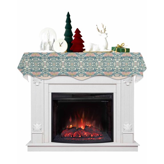 Teal Pink Geometric Fireplace Mantel Scarf Table Runner,Vintage Floral Watercolor Boho Winter Garland Mantel Top Tablerunners Dresser Scarves Cover Decorations for Windows Party Living Room 70''x17''