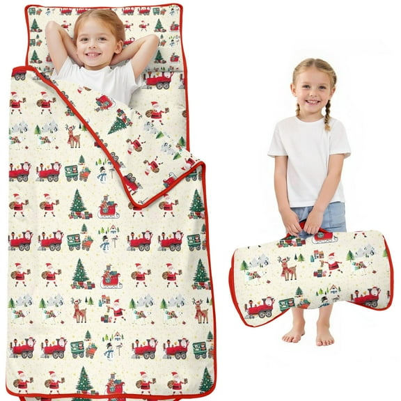 Beige Christmas Santa and Train Pattern Toddler Nap Mats for Kids Preschool,50"x20" Sleeping Mat Bag or Kids,Toddler Sleeping Bag,Toddler Nap Mat or Daycare