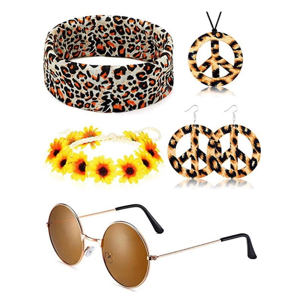 60s Rave Party Dress Up Hippie Peace Collar Pendientes Bandana Estampado de leopardo Accesorios Retro Hair Hoop Glasses