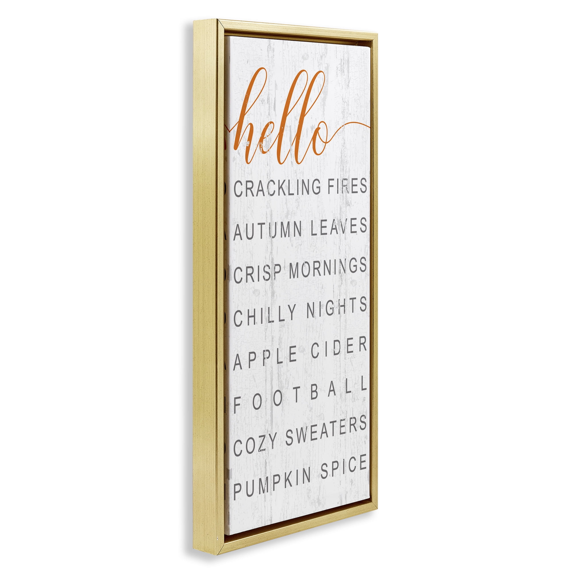 Stupell Industries Hello Fall Favorites Phrases Typography Painting Gold Floater Framed Canvas Art Print Wall Art, 11 x 25