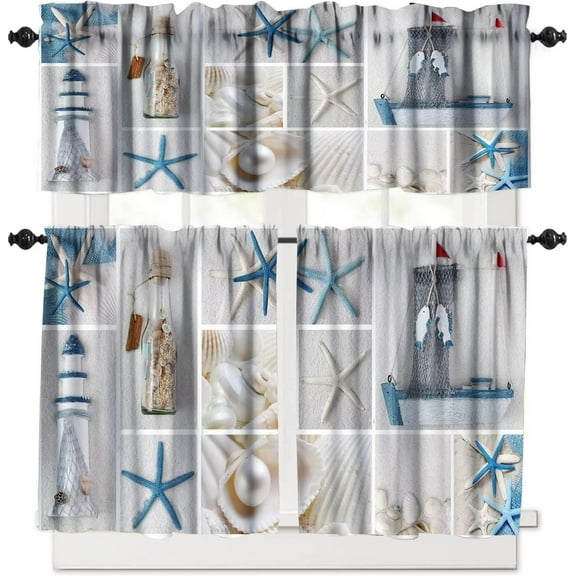 Nautical Kitchen Curtain Tiers and Valance Curtain Sets Farmhouse, Hawaiian Ocean Animal Teal Short Rod Pocket Tier Curtain Window Treatment, 54x18 & 27x24x2, 3 Panel