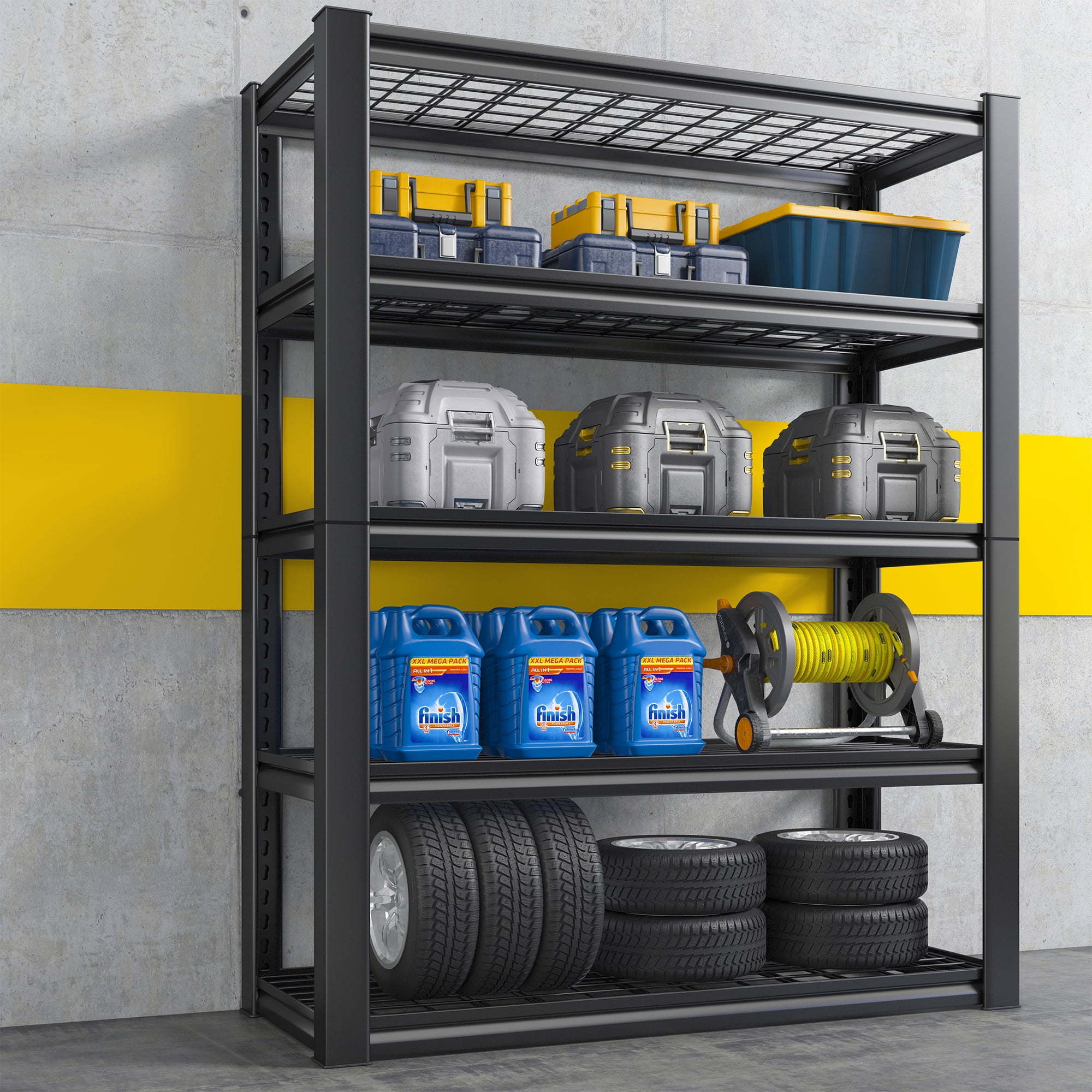 REIBII 2 Pack 5-Tier Garage Shelving Unit Heavy Duty Storage Shelves Holds 2000LBS, Adjustable Metal Shelving Garage Storage Shelves Industrial Shelving Unit for Basement,Black