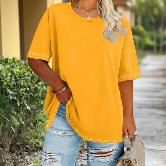 Cutuoiiu Short Sleeve Tops for Women Summer Round Neck Solid Color Plus Size T-Shirts Gifts