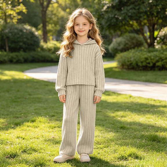 xaweyi Little Girls 2 Piece Outfit Ribbed Knit Cropped Hoodie Long Sleeve Top Wide Leg Pants Set Kids Fall Casual Clothes Size 12-13 Years