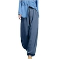 thumbnail image 2 of qolati Womens Cotton Linen Pants Casual Elastic High Waisted Palazzo Sweatpants Pockets Boho Wide Legs Harem Baggy Trousers, 2 of 6