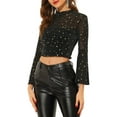 thumbnail image 4 of INSPIRE CHIC Women's Stars Glitter Bell Sleeve Mesh Party Crop Top Black S, 4 of 5