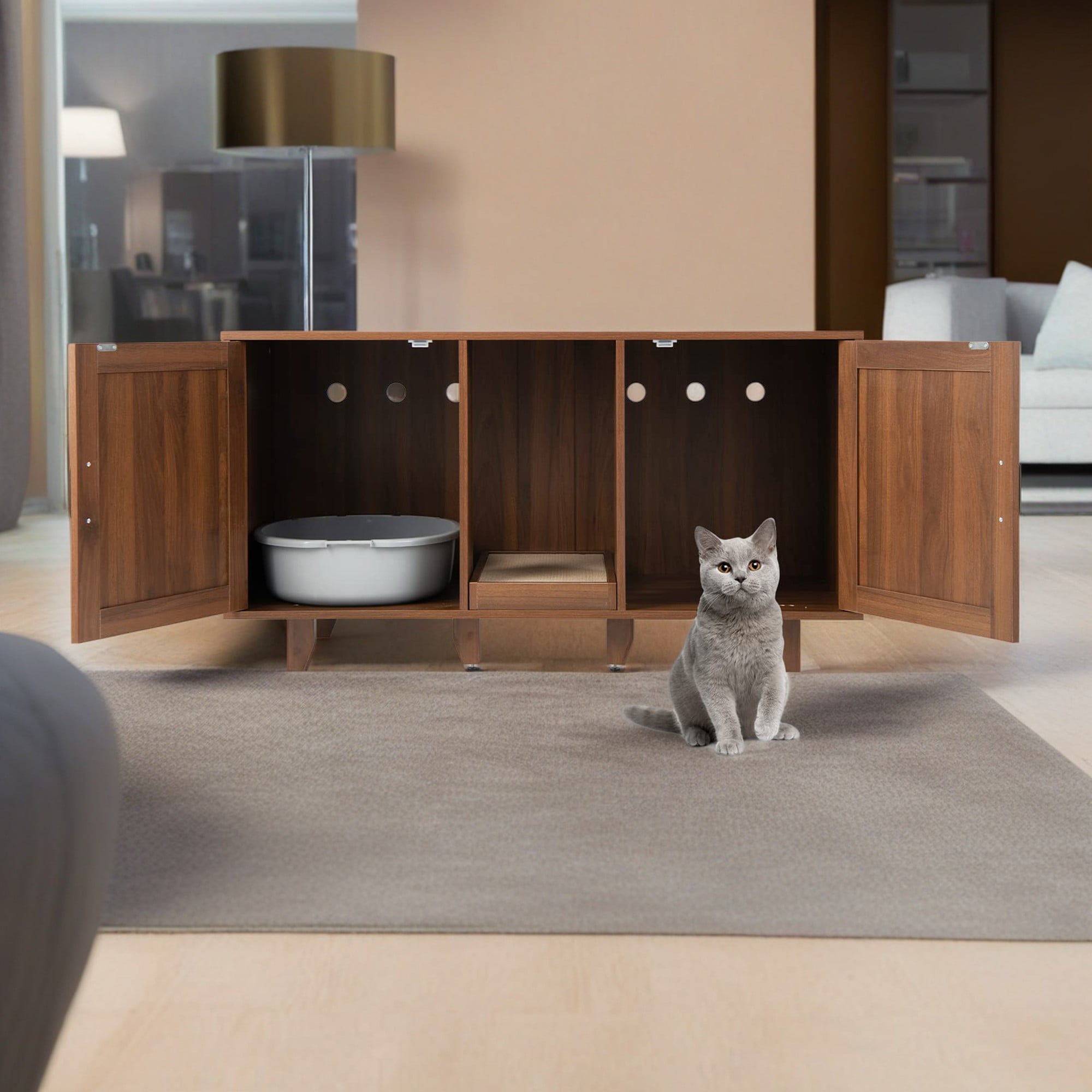 Pefilos 47" Litter Box Enclosure for 2 Litter Boxes, Hidden Cat Washroom with 2 Cabinet House, Scratching Board, Indoor Cat Litter Furniture, Brown