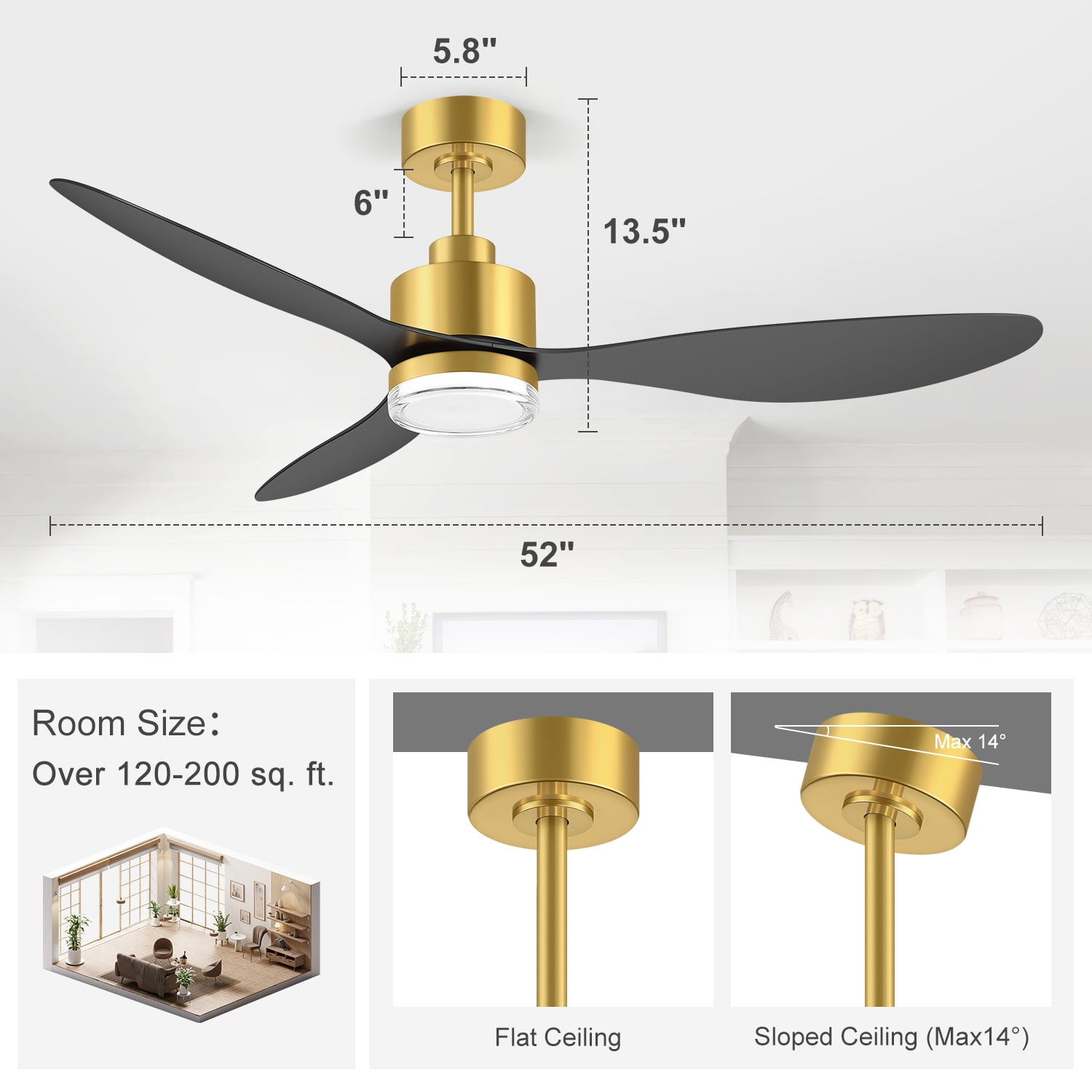 ALKAFY 52 inch Golden Ceiling Fan with LED Light and Remote -  3 Color Temperatures, for Living Room & Bedroom