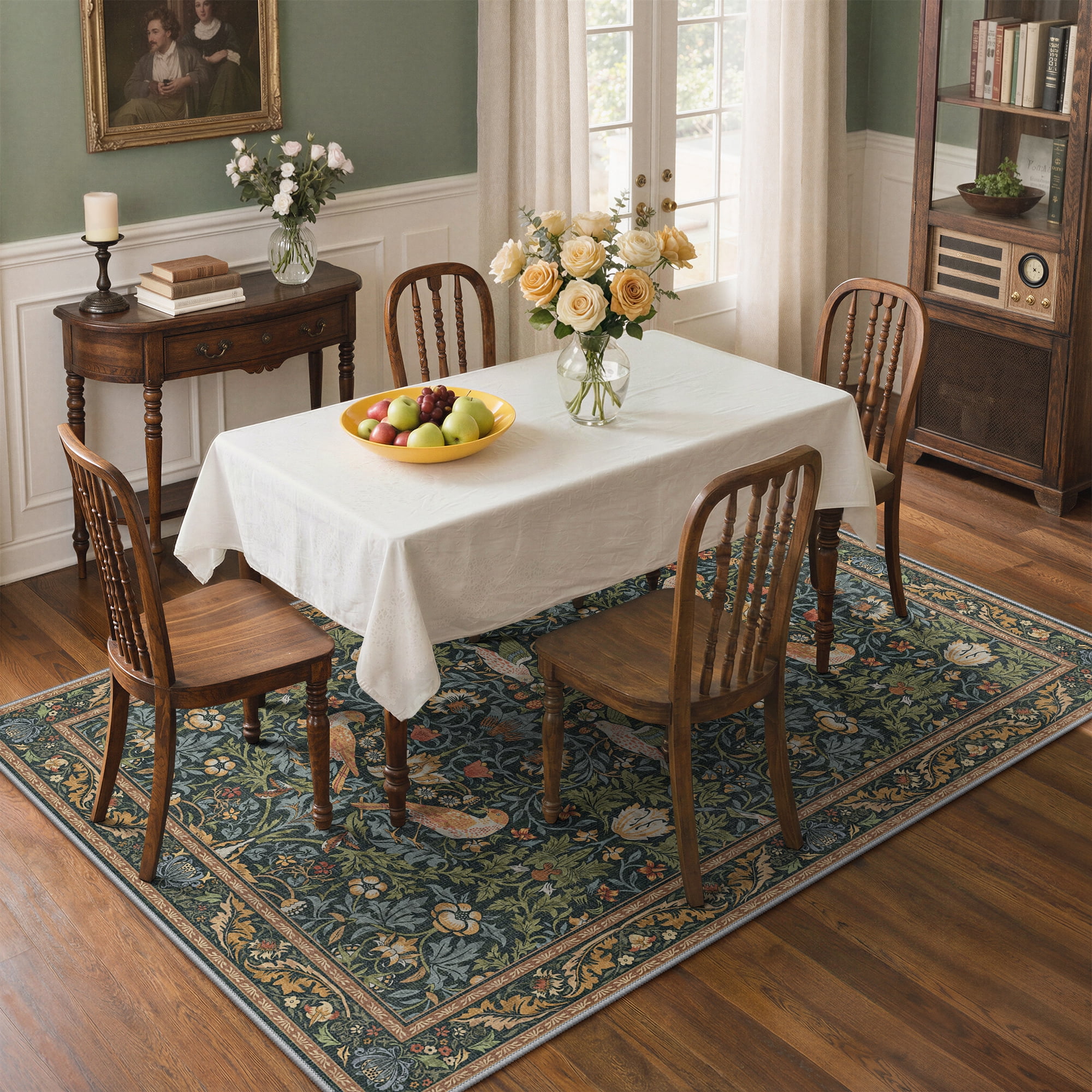 KUETH 5'x7' Vintage Floral Area Rugs for Living Room, Non Slip Machine Washable Forest Bird Rug, Low Pile Print Rug for Bedroom Dining Room Home Office