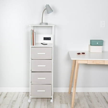 Honey-Can-Do MDF and Fabric Dorm 4-Drawer Storage Cart with Built-In Outlet White