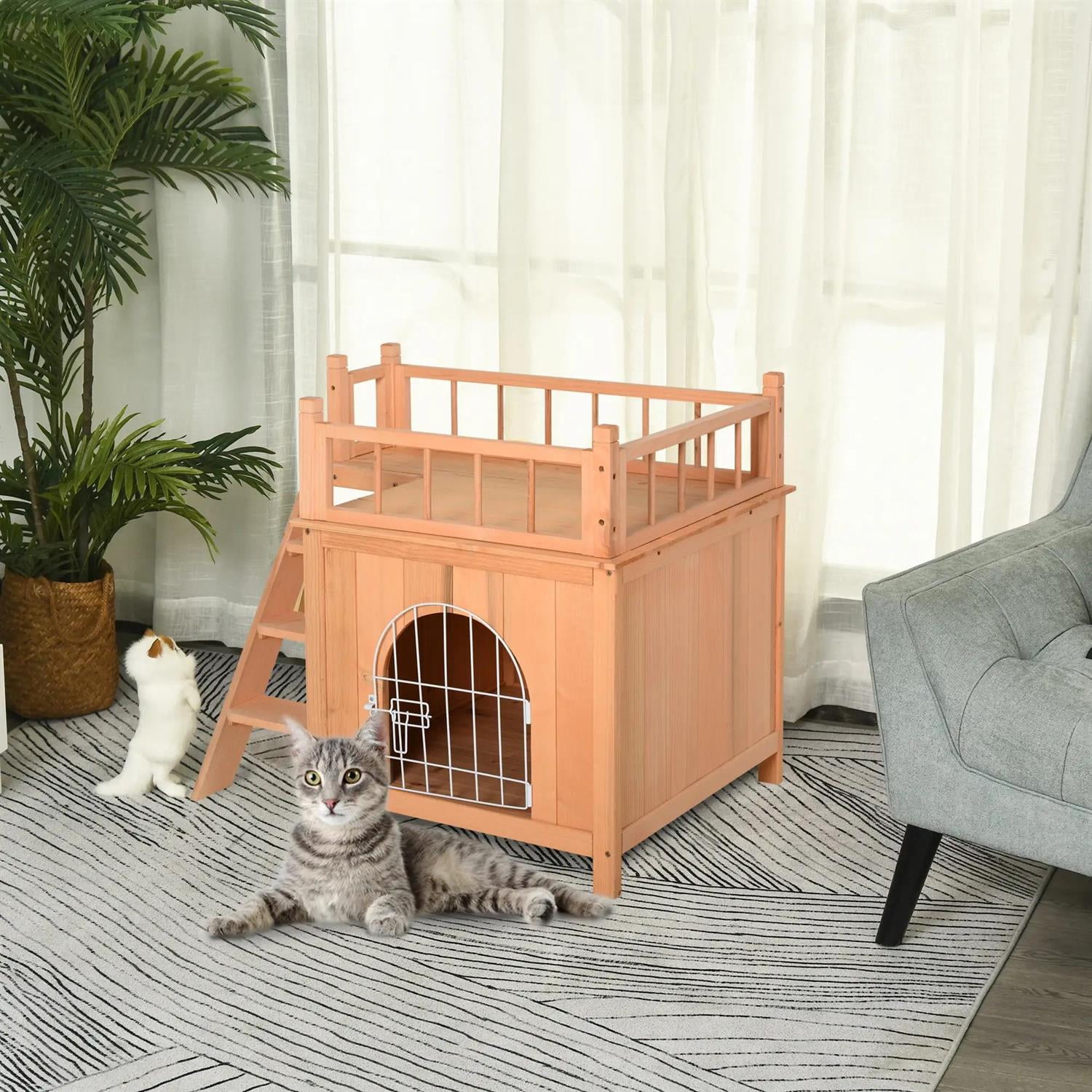 Pefilos Outdoor Weatherproof Cat House with Lockable Wire Door and Balcony, 2-Level Outside Shelter for Cats and Small Animals, Beige
