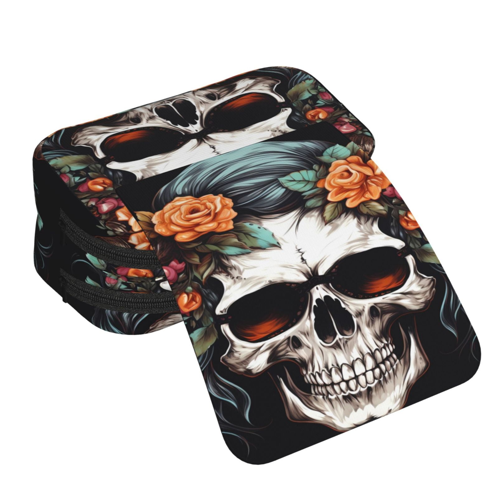 Rateoe Flower Horn Skull Pattern Double Clamshell Pen Case, Storage Organizer with Two Zipper Compartments– Holds Up to 50 Pencils & Pens
