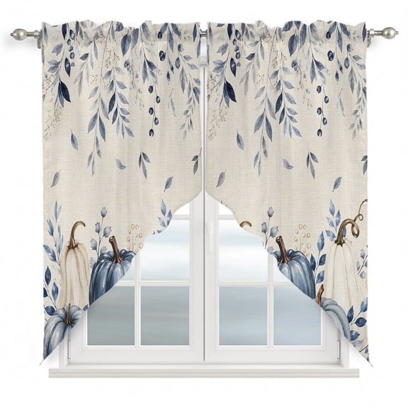 Navy Blue Pumpkins Fall Swag Valances for Windows, Kitchen Window Curtains Over Sink, Thanksgiving Weeping Botanical Rustic Window Treatment Curtains for Living Room/Bedroom Curtains 2 Panel 36"x45"