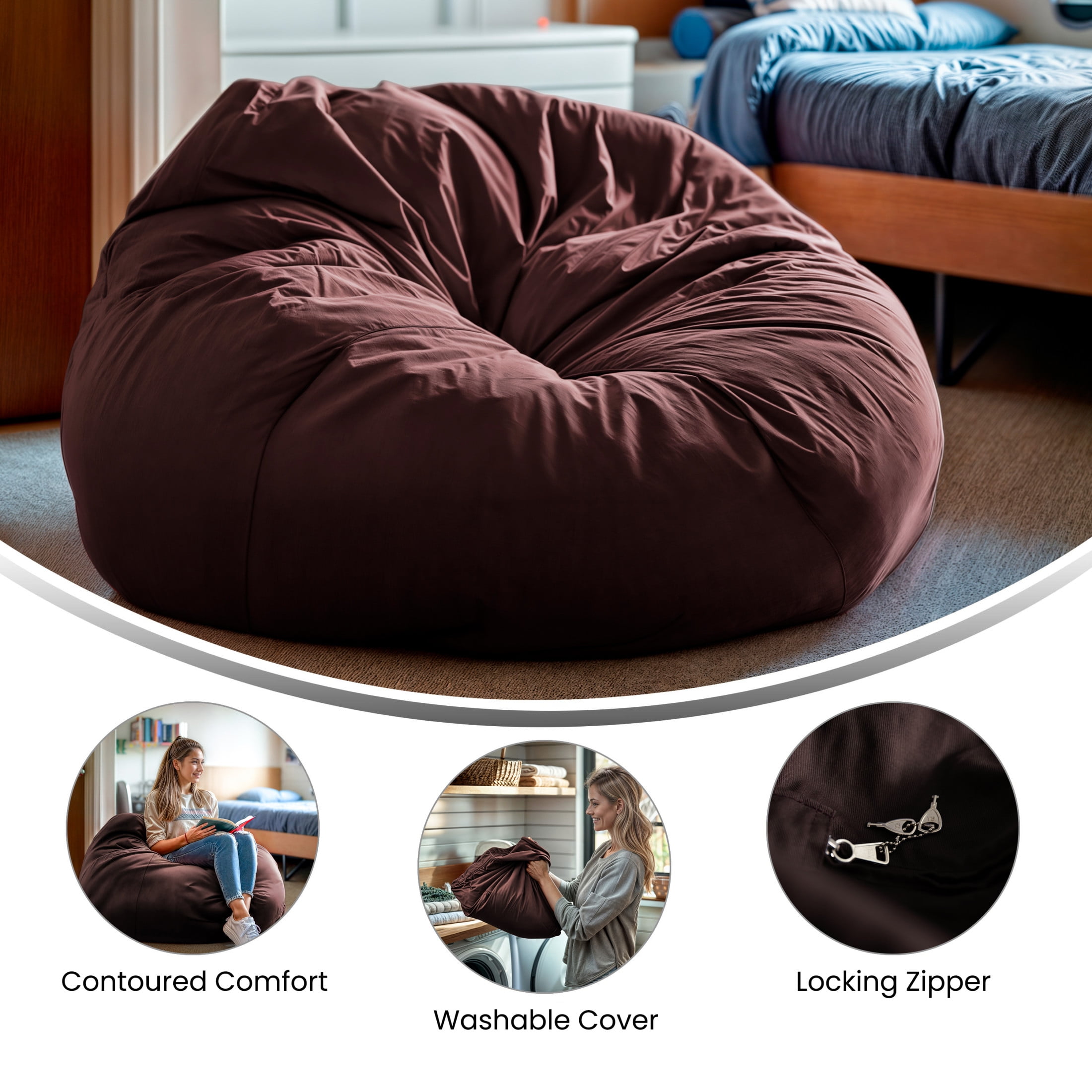 Flash Furniture Duncan Oversized Solid Brown Refillable Bean Bag Chair for All Ages