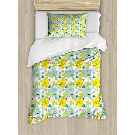 Twin Daisy Flowers Yellow and Blue Twin Size Duvet Cover Set, Daisies and Shamrock Flowers with Hand Drawn Style Hearts and Ladybugs, Decorative 2 Piece Bedding Set with 1 Pillow Sham, Multicolor, by Ambesonne ()