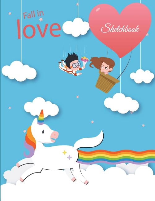 Fall In Love Sketchbook Blue Color Cute Unicorn Blank Paper