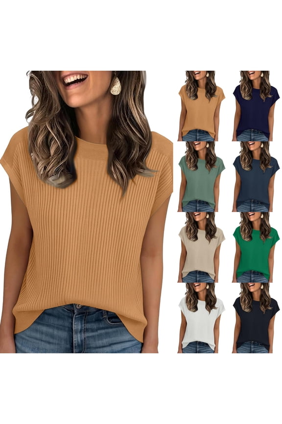 Womens Cap Sleeve Sweaters Casual Summer Crew Neck Shirts Loose Basic Ribbed Knit Pullover Black 2XL