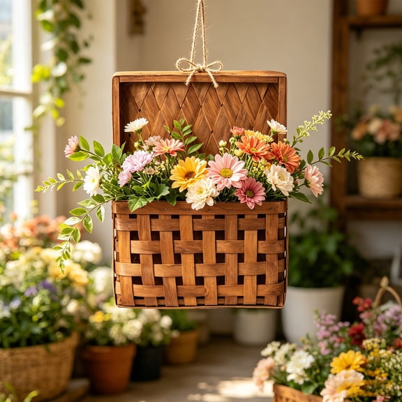 Konghyp Hand Woven Wood Wall Hanging Basket, Farmhouse Storage Organizer, Vintage Decorative Wall Art, Jute Hanging Cord, Ideal for Kitchen and Entryway, Stylish Boho Home Decor