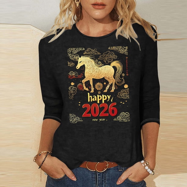 TaTaai Womens New Year Celebration 2026 Print Three Quarter Sleeve Top Round Neck Casual Blouse Holiday Festival Party Wear Gift