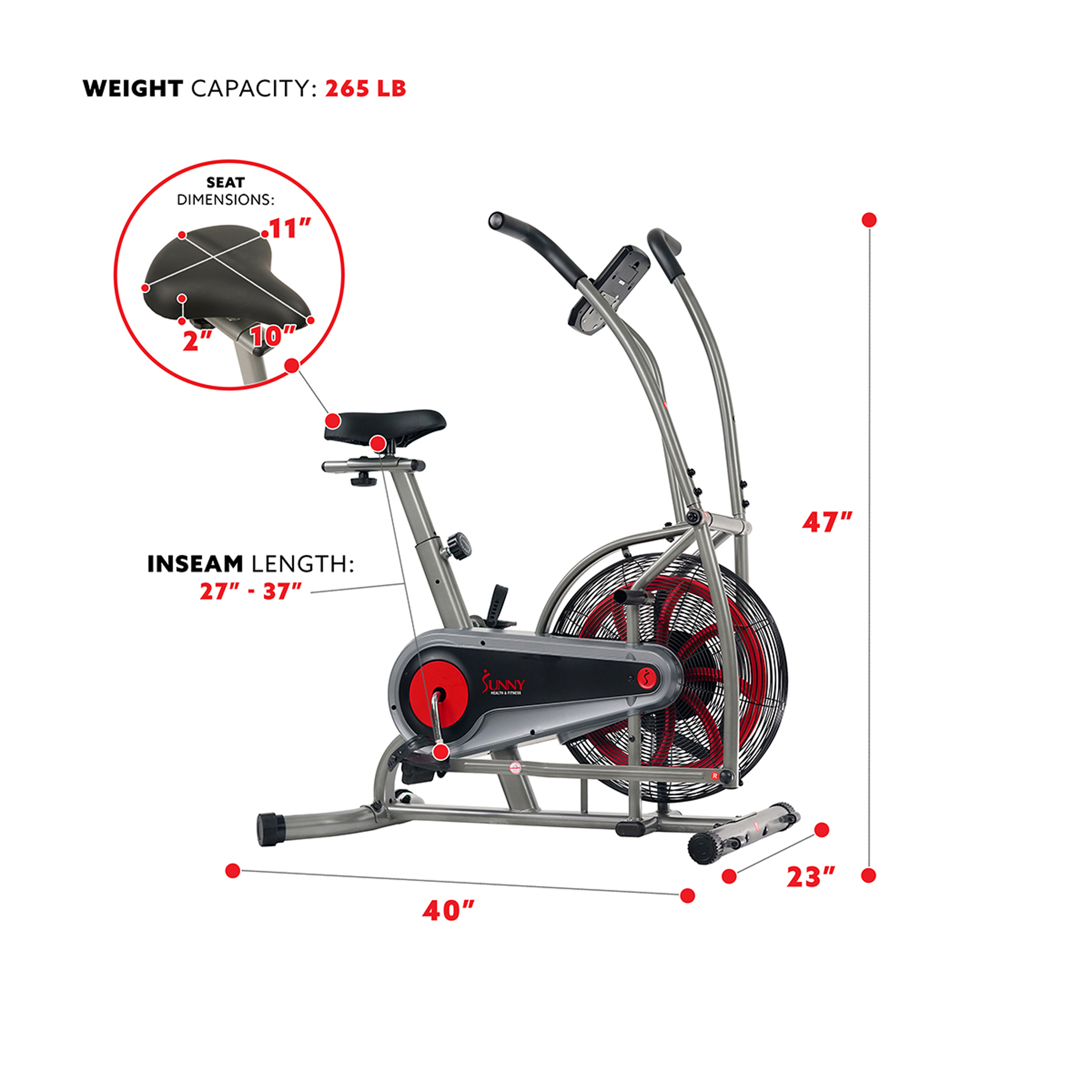 Sunny Health & Fitness Stationary Motion Fan Air Bike Exercise Machine, Indoor Home Cycling Trainer Static Bicycle, SF-B2916 - image 5 of 8