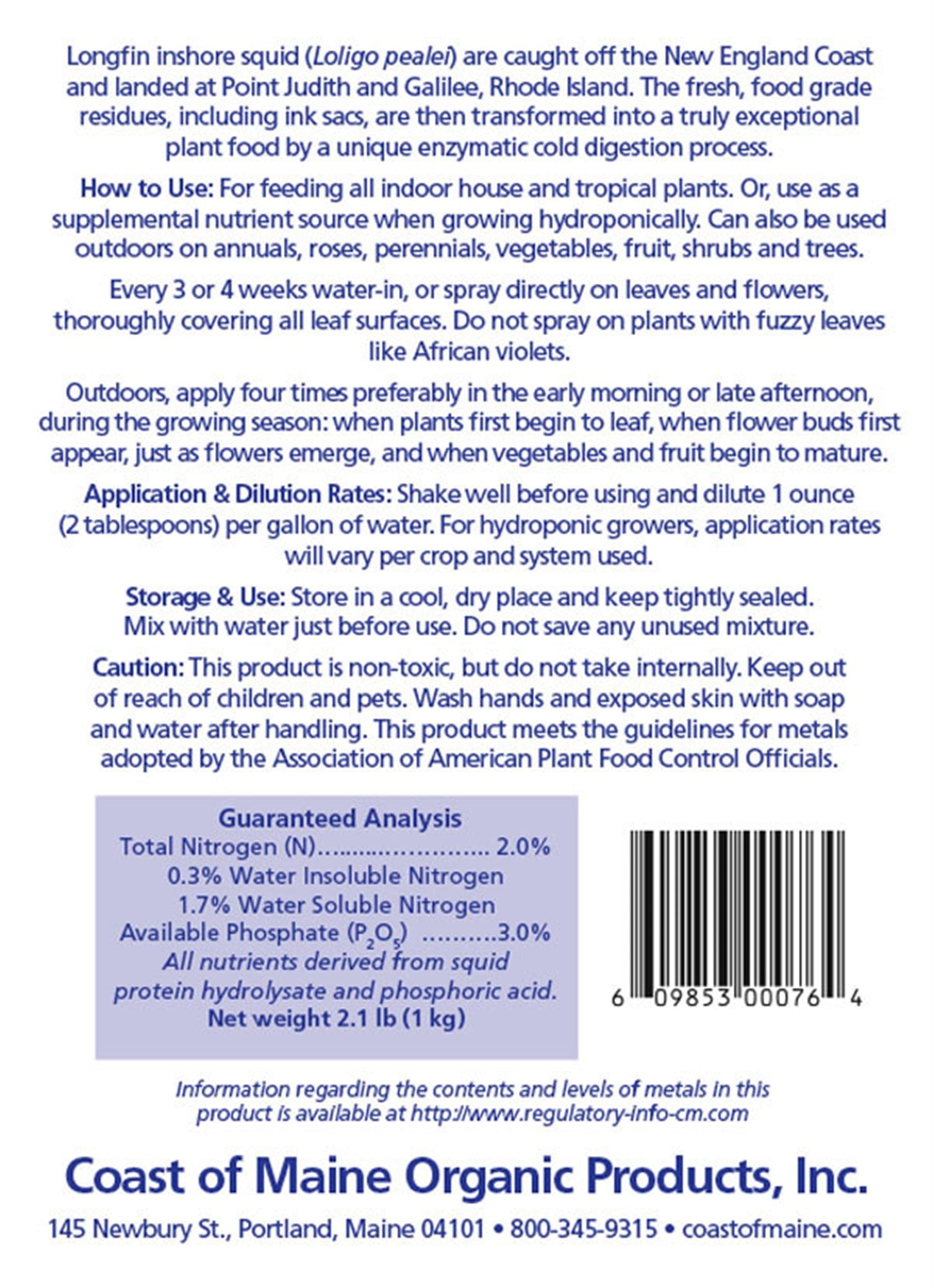 Coast of Maine 2-3-0 Squid Liquid Concentrate All Natural Plant Food for Indoor Plants, 32 fl oz