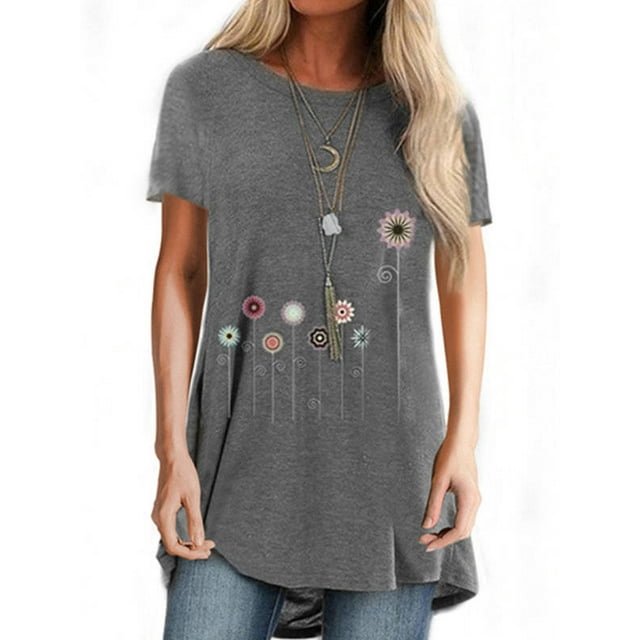 DYMADE Blouse Décontractée à Manches Courtes et Col Rond pour Femmes, Motif Floral