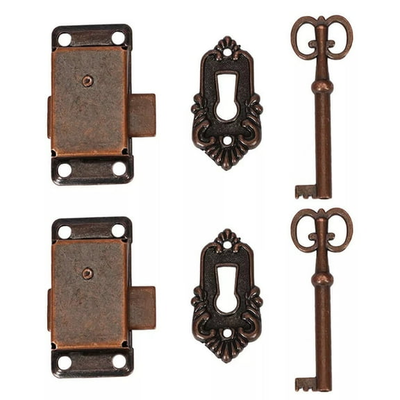 2 Pcs Vintage Cabinet Door Lock Set Key Decorative Cover Curio Antique-Bronze