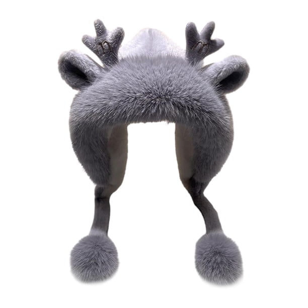 Gorro con orejas de asta para mujer, cálido e invernal, moderno, ligero y con protección para las orejas. Gris