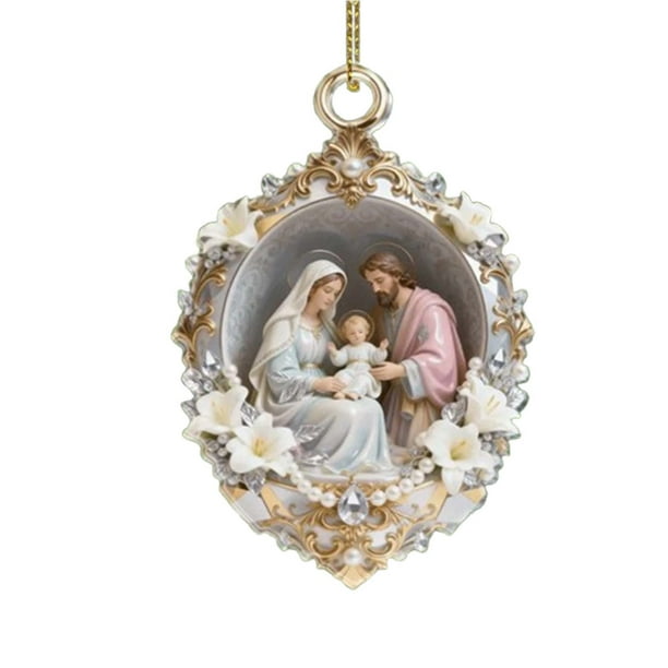 Adorno navideño redondo de la Natividad, adorno de la Virgen María con borde de perla, lirio y cristal, decoración para árbol de Navidad, decoración católica/cristiana, adornos navideños del nacimien